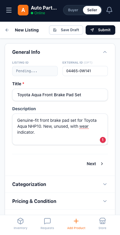 AutoFy add product form, with fields for part number, price and photos