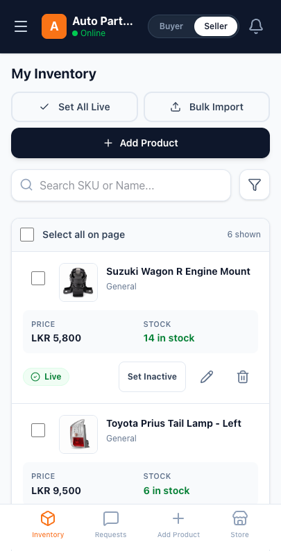 AutoFy vendor listings screen, showing published parts with price, stock and status